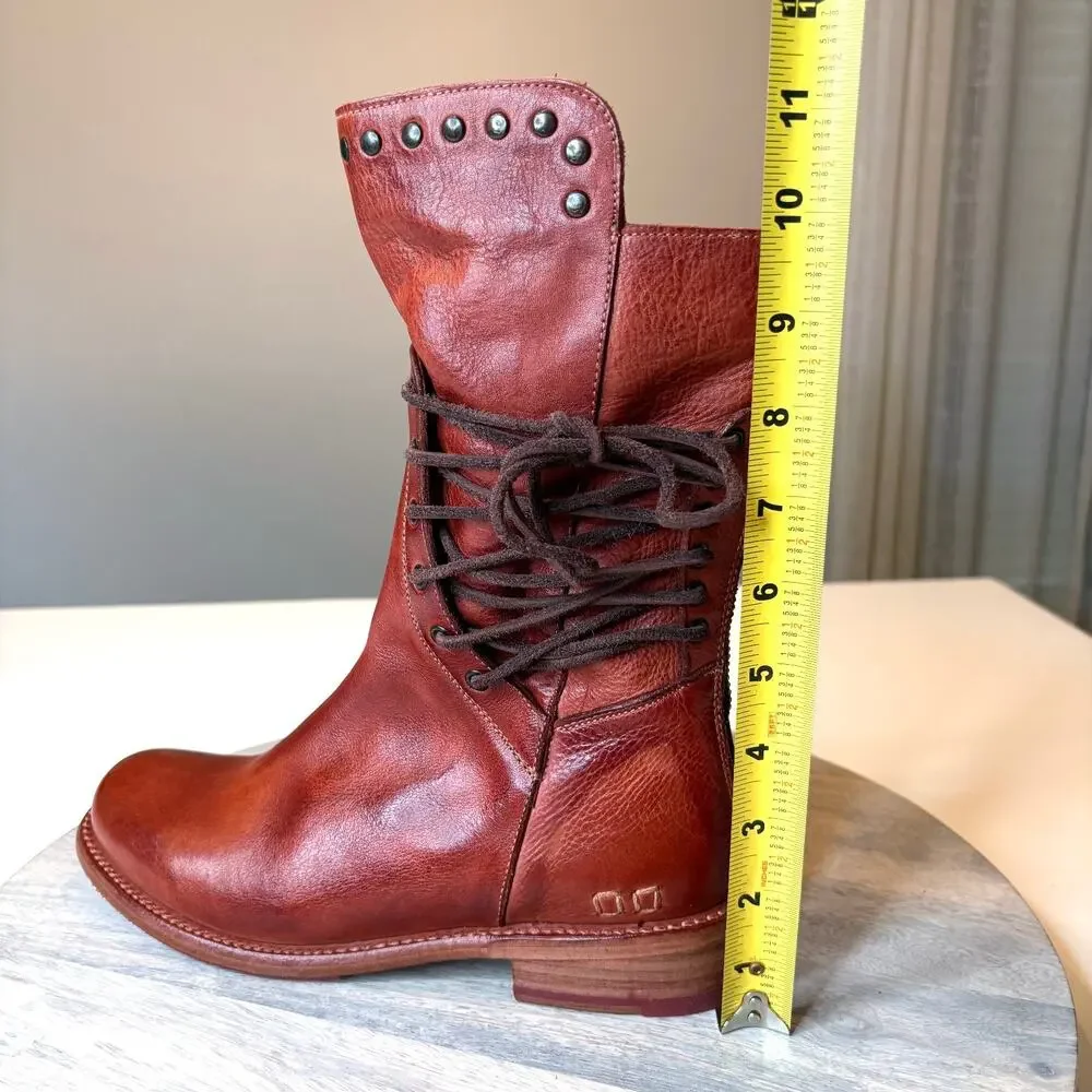 BED STU Fen Women's Leather Lace Up Combat Boots Studded Cognac Brown US 7 NWT